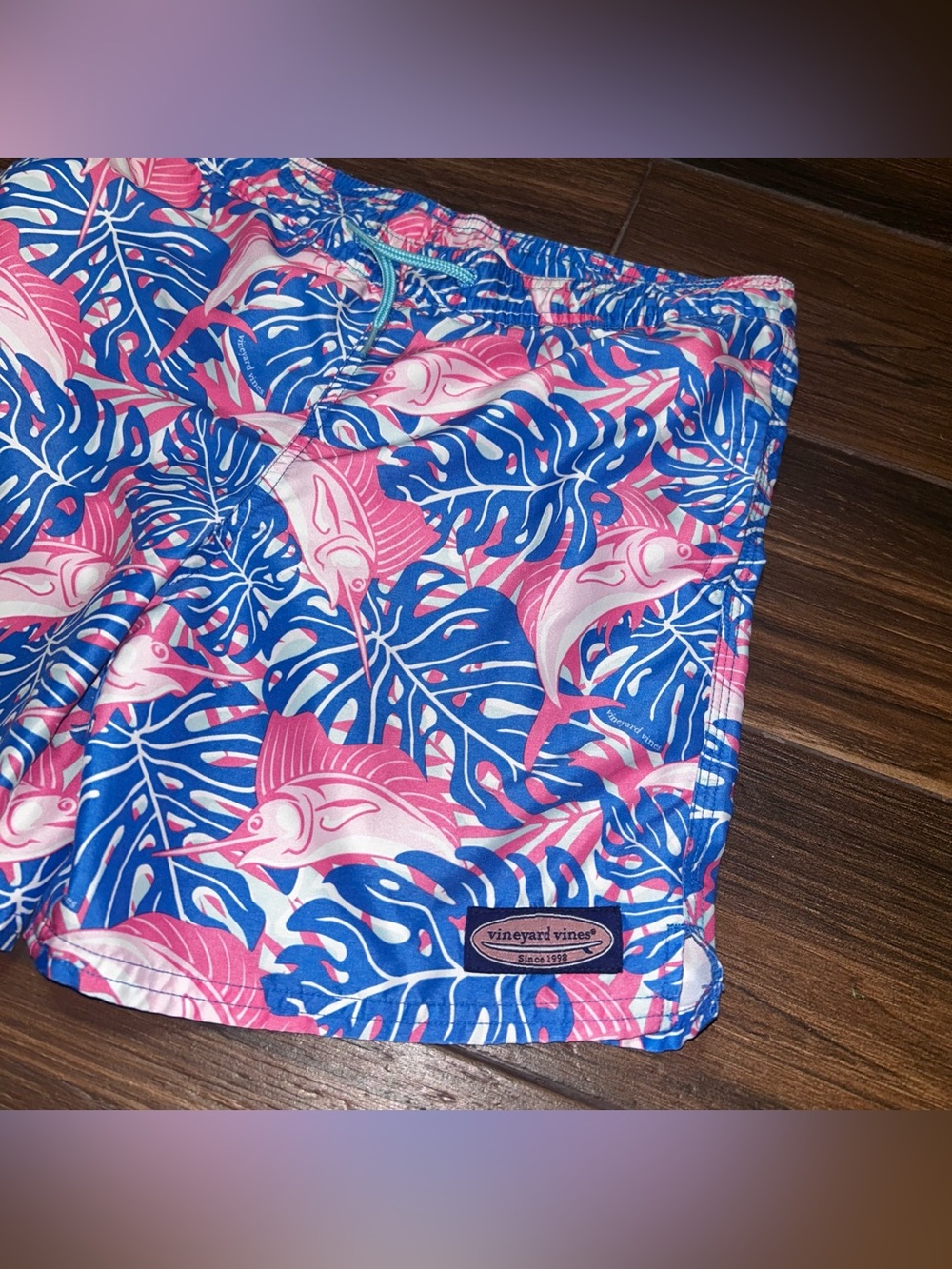 Vineyard Vines Boys Swim Trunks Small 8 10 Blue Pink Marlins Pockets